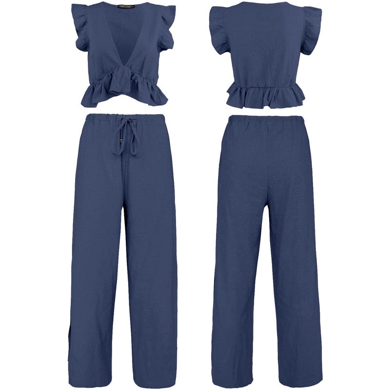 FANCYINN Womens 2 Pieces Outfits Deep V Neck Crop Top Side Slit Drawstring Wide Leg Pants Set Jumpsuits Navy Blue L - Image 5